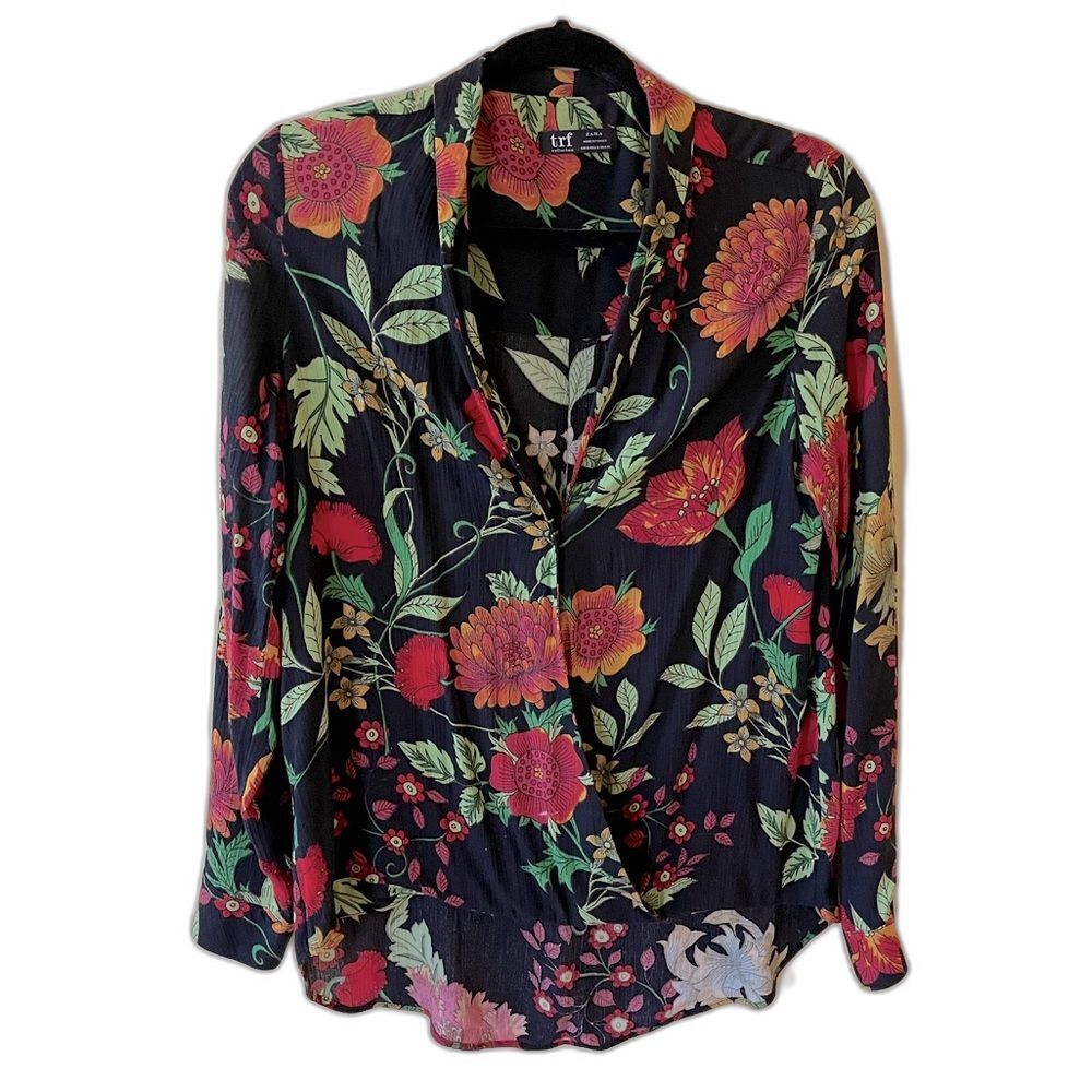 ZARA 70s Psychedelic Floral Botanical Black Wrap Flowy Pirate Blouse Size S